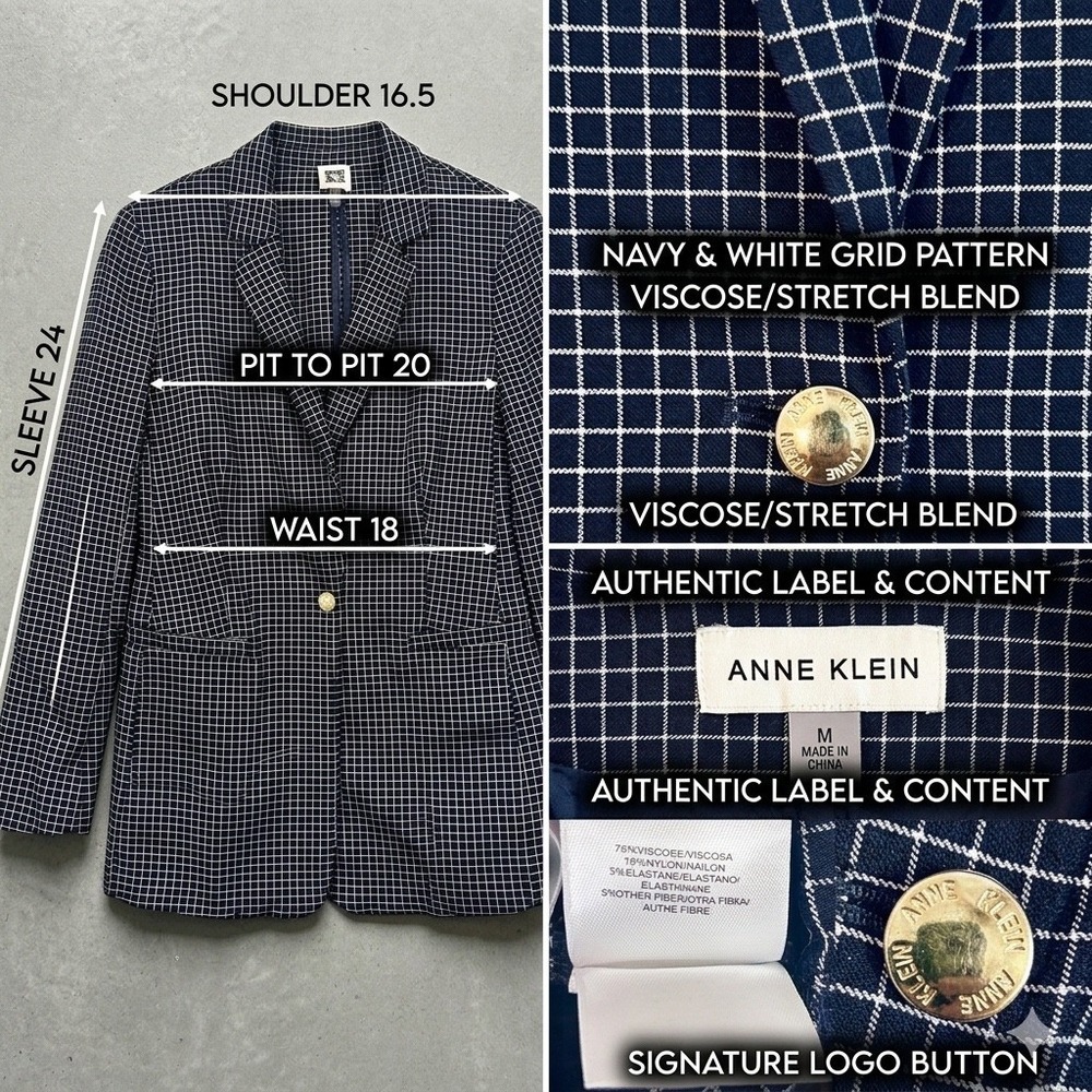 Anne Klein Blazer Jacket Women's Medium Navy Blue White Stretch 90s Office Siren - Picture 2 of 12